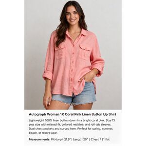 Autograph Woman 1X Linen Button Up Shirt Coral Roll Tab Sleeve